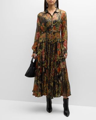 Mausha Tiered Metallic Floral-Print Midi Dress