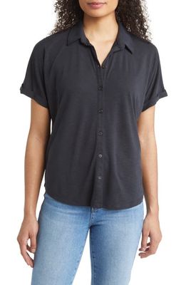 Mavi Jeans Space Dye Short Sleeve Cotton Button-Up Shirt in Black