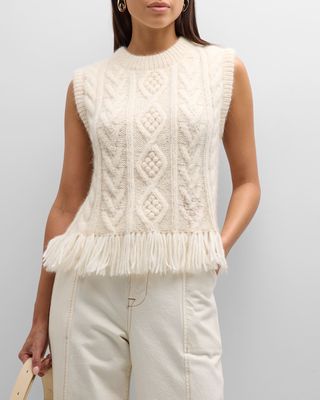 Mavis Aran-Knit Fringe-Trim Sweater Vest