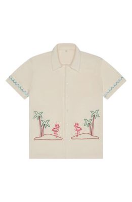 MAVRANS Flamingo Beach Terry Cloth Short Sleeve Button-Up Shirt in Ivory Multi