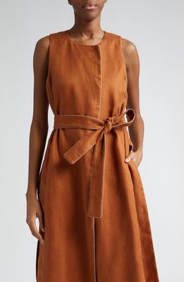 Max Mara Aureo Linen Belted Longline Vest in Tobacco