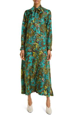 Max Mara Calate Mixed Print Long Sleeve Silk Dress in Olive Green