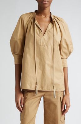 Max Mara Carpi Lantern Sleeve Cotton Poplin Top in Tobacco