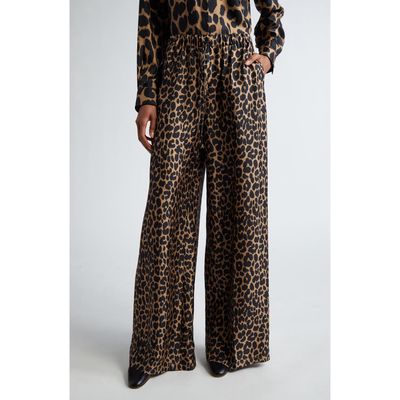 Max Mara Ghinea Leopard Print Silk Wide Leg Pants in Camel