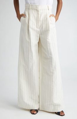 Max Mara Giuliva Pinstripe High Waist Linen & Cotton Wide Leg Trousers in White Black