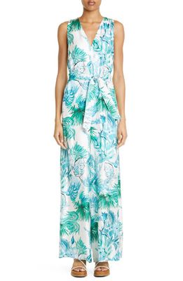 Max Mara Kabala Tropical Print Sleeveless Silk Jumpsuit in Turquoise