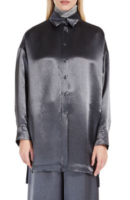 Max Mara Leisure Bacio Oversize Satin Button-Up Shirt in Dark Grey