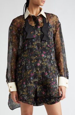Max Mara Marocco Floral Print Silk Organza Shirt with Bow Tie in Black