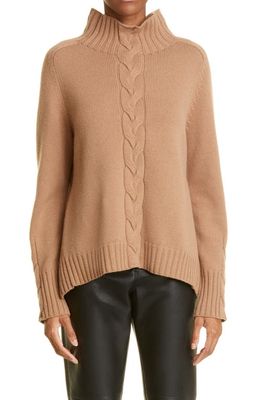 Max Mara Oceania Center Cable Wool & Cashmere Turtleneck Sweater in Camel