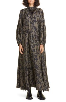 Max Mara Prosit Floral Long Sleeve Silk Dress in Khaki Green