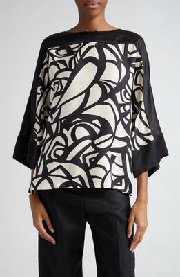 Max Mara Quaglia Abstract Silk Top in White Black