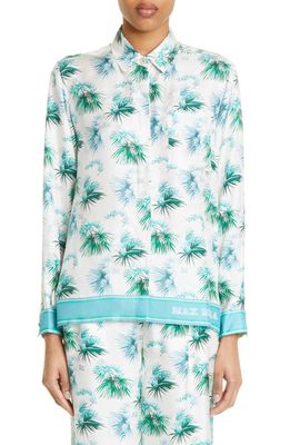 Max Mara Svago Tropical Floral Silk Button-Up Shirt in Turquoise