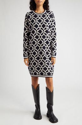 Max Mara Tolosa Logo Graphic Long Sleeve Wool & Cashmere Sweater Dress in Midnight Blue