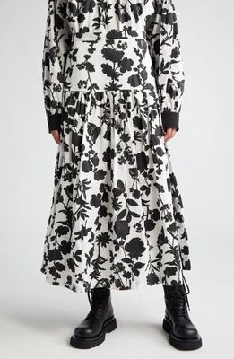 Max Mara Udente Floral Print Tiered Cotton & Silk Skirt in White Black