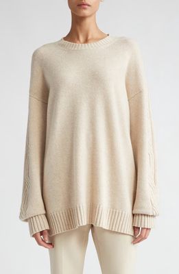 Max Mara Vicini Cable Knit Sleeve Cashmere Crewneck Sweater in Beige
