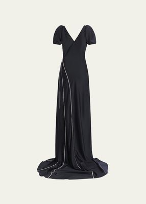 Maxine Puff-Sleeve Crepe Gown with Crystal Seam