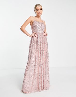 Maya all-over embellished cross back maxi dress in taupe blush-White