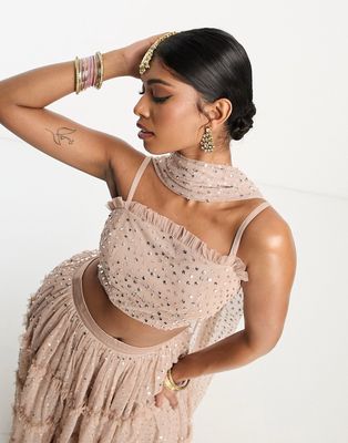 Maya all over sequin lehenga cami top in muted blush - part of a set-Pink