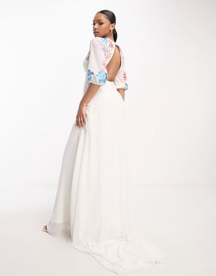 Maya Bridal embroidered puff sleeve maxi dress in ivory-White