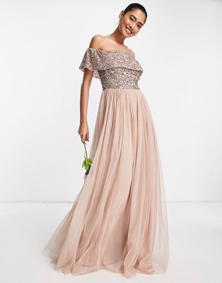 Maya Bridesmaid bardot maxi tulle dress with tonal delicate sequins in muted blush-Neutral