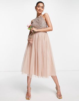 Maya Bridesmaid halter neck midi tulle dress with tonal delicate sequins in muted blush-Neutral