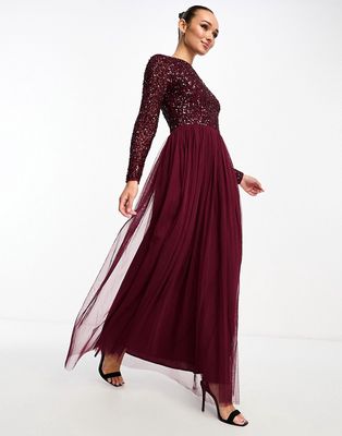 Maya Bridesmaid long sleeve maxi tulle dress with tonal delicate sequin in wine-Red