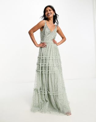 Maya Bridesmaid maxi tulle dress with tonal delicate sequin and full skirt in sage green - part of a set