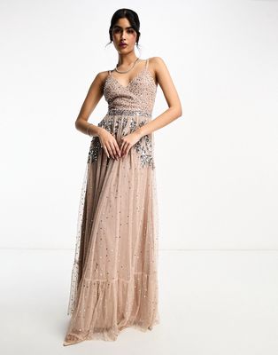 Maya Bridesmaid wrap front tulle maxi dress with tonal delicate sequin in taupe blush - part of a set-Pink