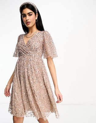 Maya Bridesmaid wrap front tulle mini dress with flutter sleeve in tonal delicate sequin taupe blush - part of a set-Pink