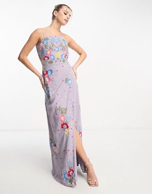 Maya cami maxi dress with wrap skirt and cowl back in lilac-Purple