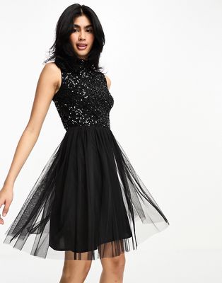Maya high neck mini dress with delicate sequin black