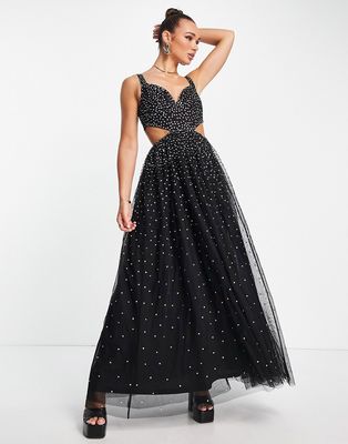 Maya maxi dress with cut outs in black with all over embellishment
