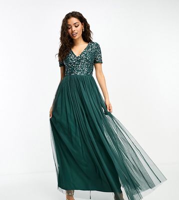 Maya Petite Bridesmaid short sleeve maxi tulle dress with tonal delicate sequins in emerald green