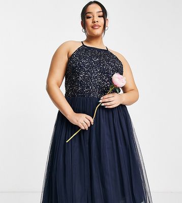 Maya Plus Bridesmaid halter neck midi tulle dress with tonal delicate sequins in navy