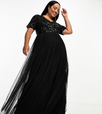 Maya Plus Bridesmaid short sleeve maxi tulle dress with tonal delicate sequins in black-Red