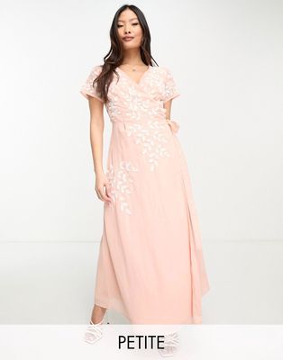 Maya wrap midaxi dress with contrast embroidery in peach-Pink