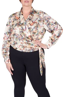 MAYES NYC Donna Faux Wrap Satin Blouse in Crane Print