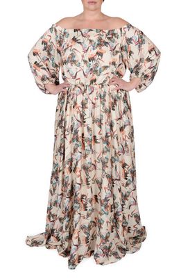 MAYES NYC Eddy Off the Shoulder Long Sleeve Maxi Dress in Crane Print