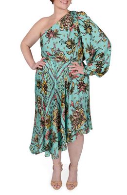 MAYES NYC Olivia Floral One-Shoulder Long Sleeve Asymmetric Dress in Boho Scarf Print
