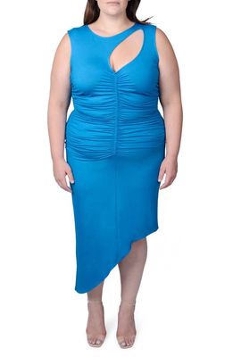 MAYES NYC Sarah Cutout Asymmetric Shirred Dress in Blue
