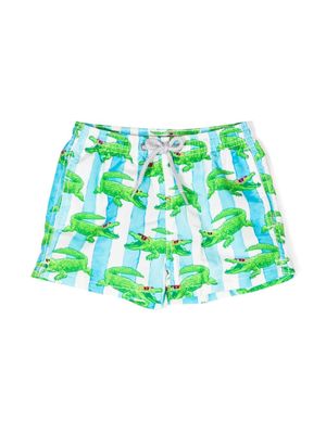 MC2 Saint Barth Kids Alligator-print striped swim shorts - Blue