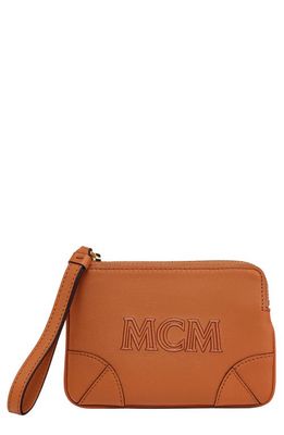 MCM Aren Leather Wristlet Pouch in Cognac