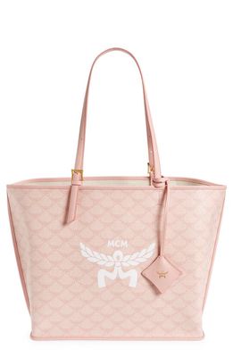 MCM Himmel Lauretos Coated Canvas Shopper Bag in Silver Pink