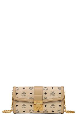MCM Large Tracy Visetos Coated Canvas Wallet on a Chain in Beige Black Logo