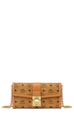 MCM Large Tracy Visetos Coated Canvas Wallet on a Chain in Cognac