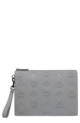 MCM Maxi Aren Embossed Leather Wristlet Pouch in Cloudburst