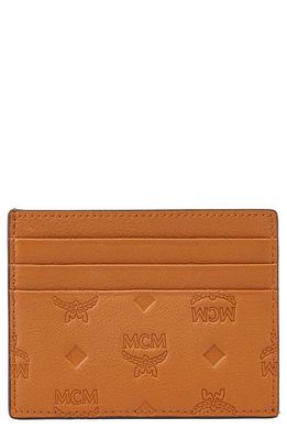 MCM Mini Portuna Visetos Leather Card Case in Roasted Pecan