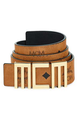 MCM Reversible Leather Logo Buckle Belt in Cognac