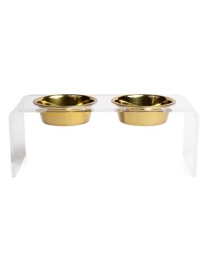 Medium Clear Double Bowl Pet Feeder - Gold - Gold