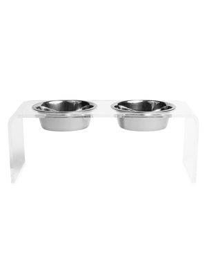 Medium Clear Double Bowl Pet Feeder - Silver - Silver